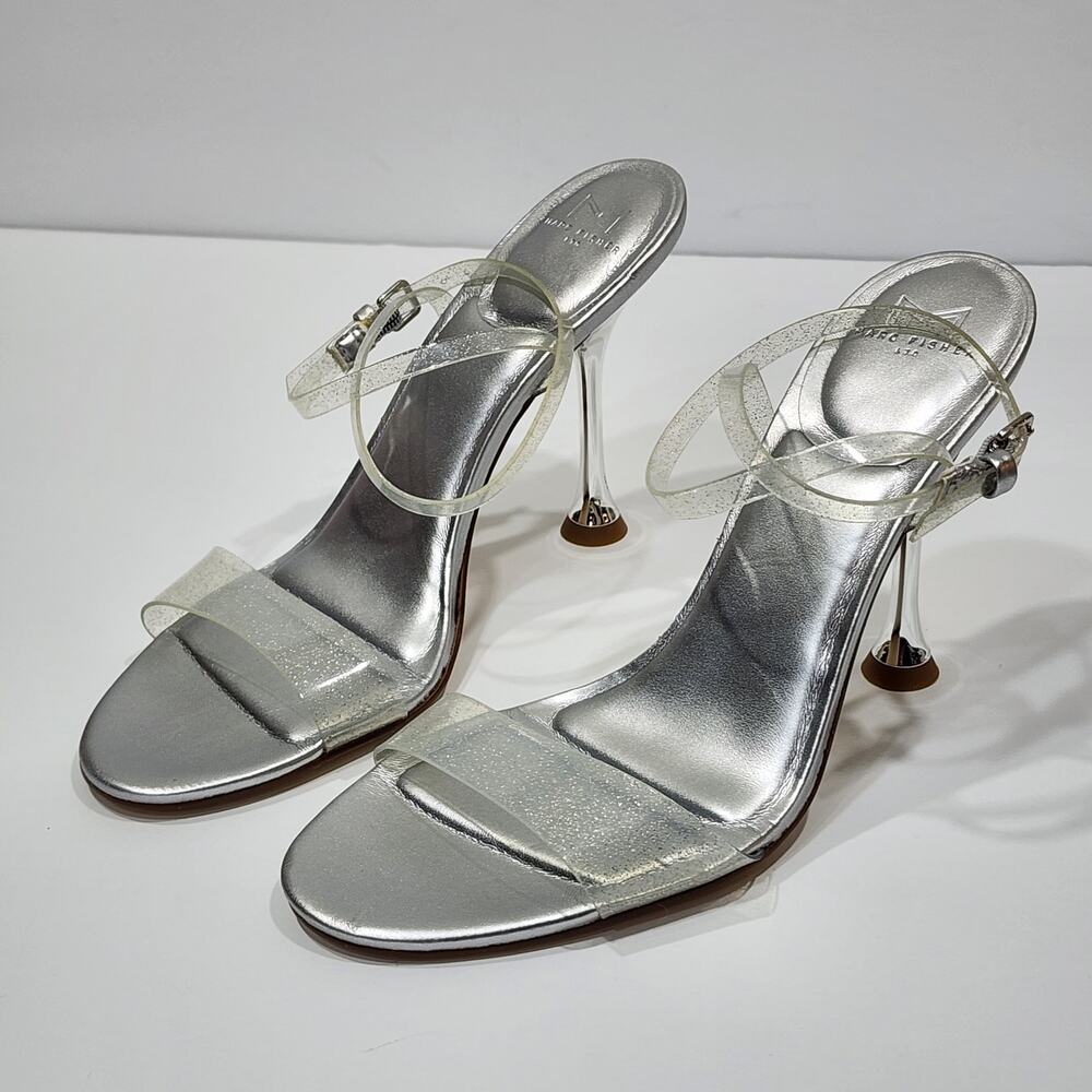 Marc Fisher Calisty Strappy‎ High Heeled Sandals Ankle Strap Glitter Silver Sz 8